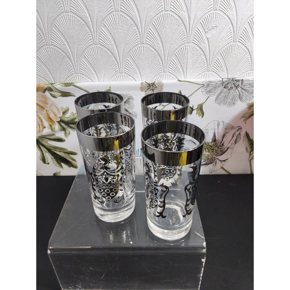 Vintage Mid Century Kimiko Silver Knight Shield Highball Tumbler Glass  Set of 4